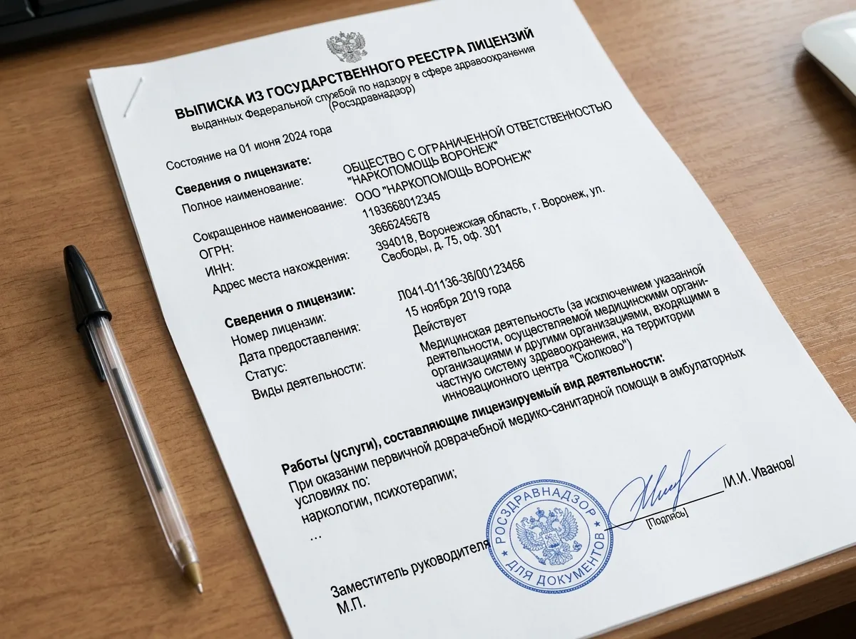 Выписка из государственного реестра лицензий Росздравнадзора по состоянию на 2024 год — официальная распечатка с данными ООО НаркоПомощь Воронеж