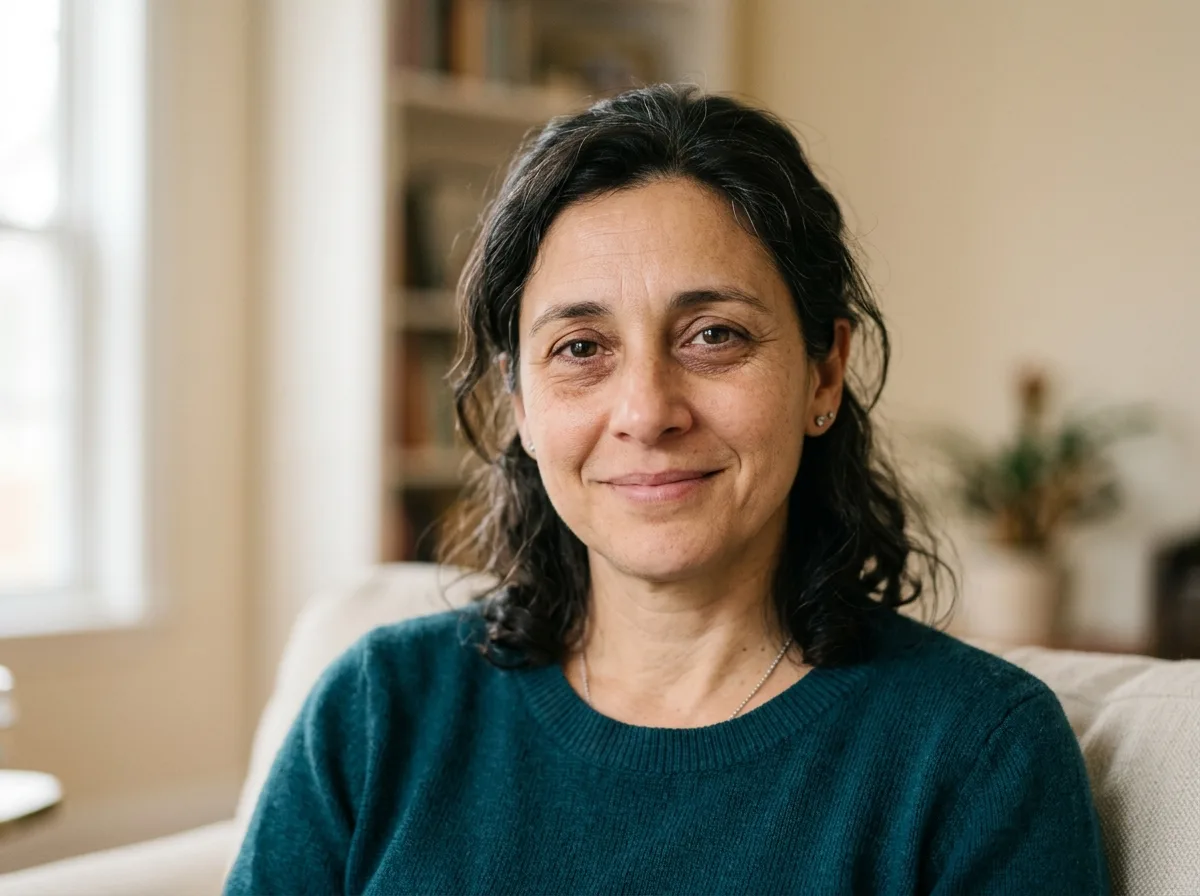 Аватар пользователя Марии В. — женщина 45 лет, усталый но облегчённый взгляд, нейтральный фон